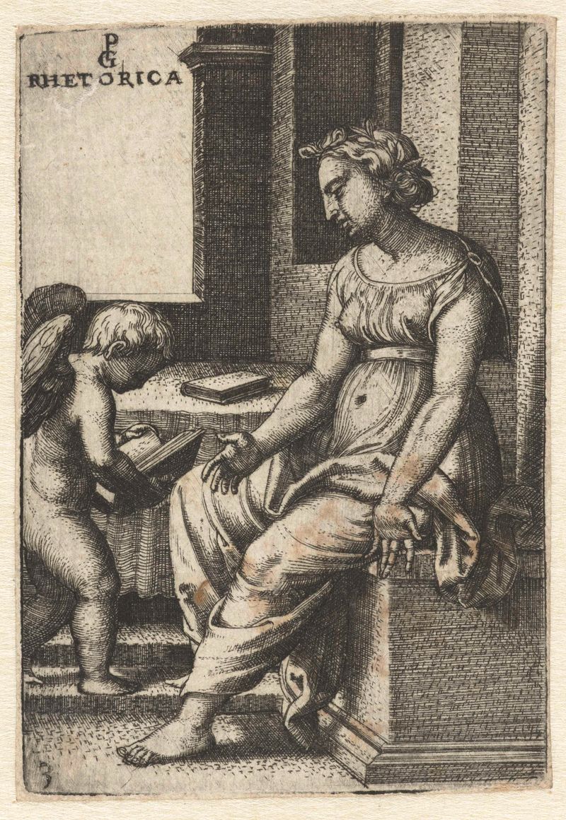 Grabado de Georg Pencz de una mujer en ropas fluidas, expresando anhelo y melancolía.