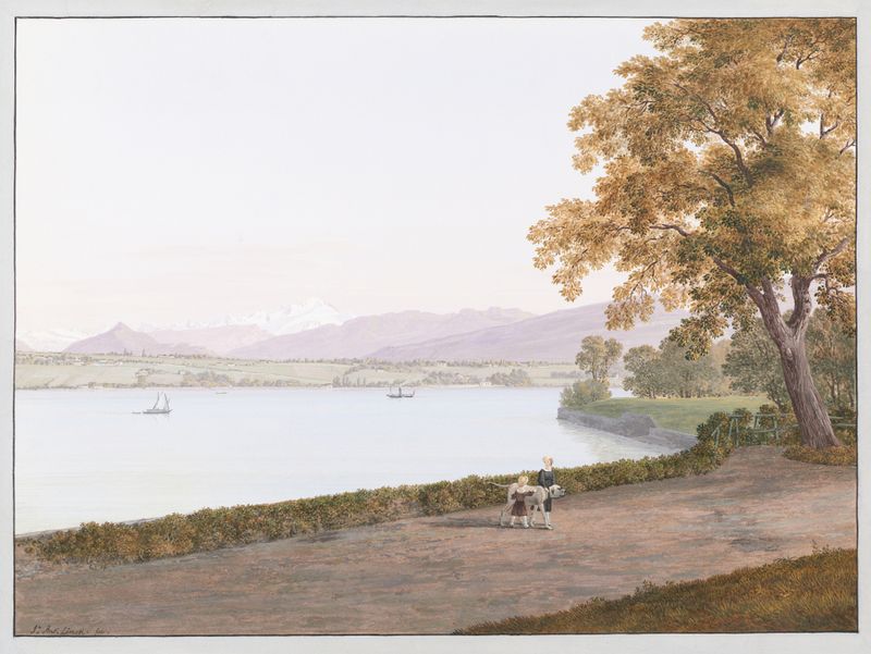 Vue du Lac Léman près de Genève by Jean-Antoine Linck, oil on canvas showing a tranquil lake and distant mountains.