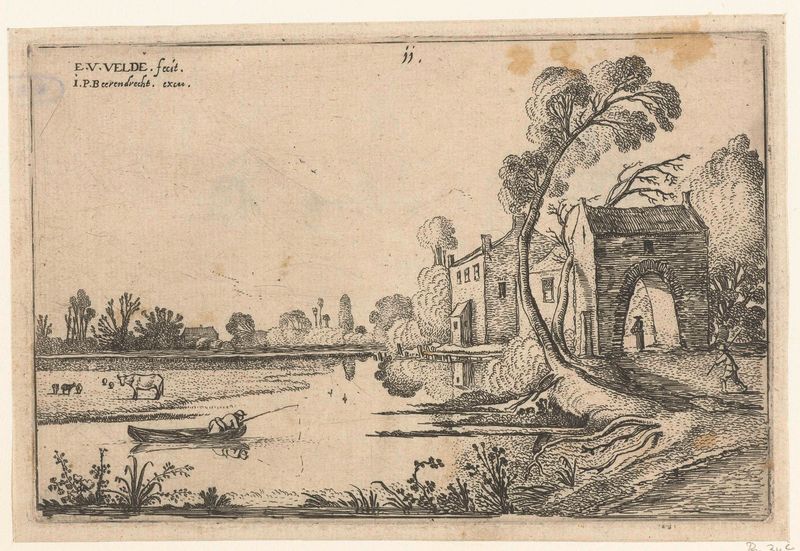 Landschap met een rivier en poortgebouw by Esaias van de Velde, etching depicting a river and gatehouse