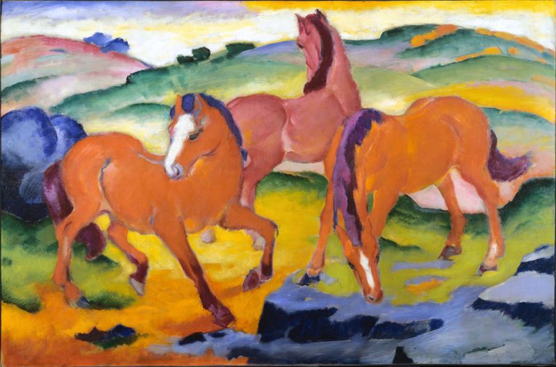 Grazing Horses IV by Franz Marc, oil on canvas depicting horses in a vibrant landscape
