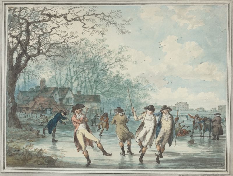Skaters gliding on the ice in Hyde Park, oil on canvas by Julius Caesar Ibbetson