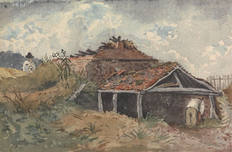 Landscape with two figures beside an old building, oil on canvas by David Charles Read