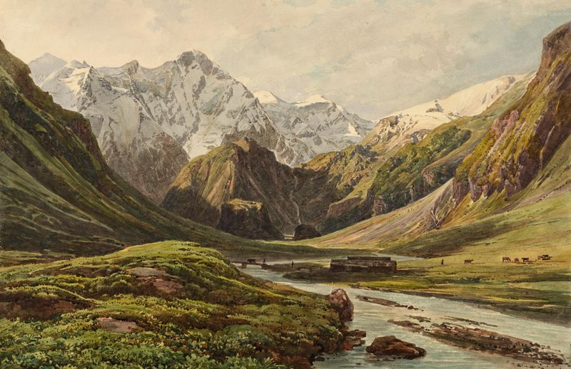 Wasserfall-Alpe im Kapruner Thale de Thomas Ender, óleo que representa una cascada y montañas.