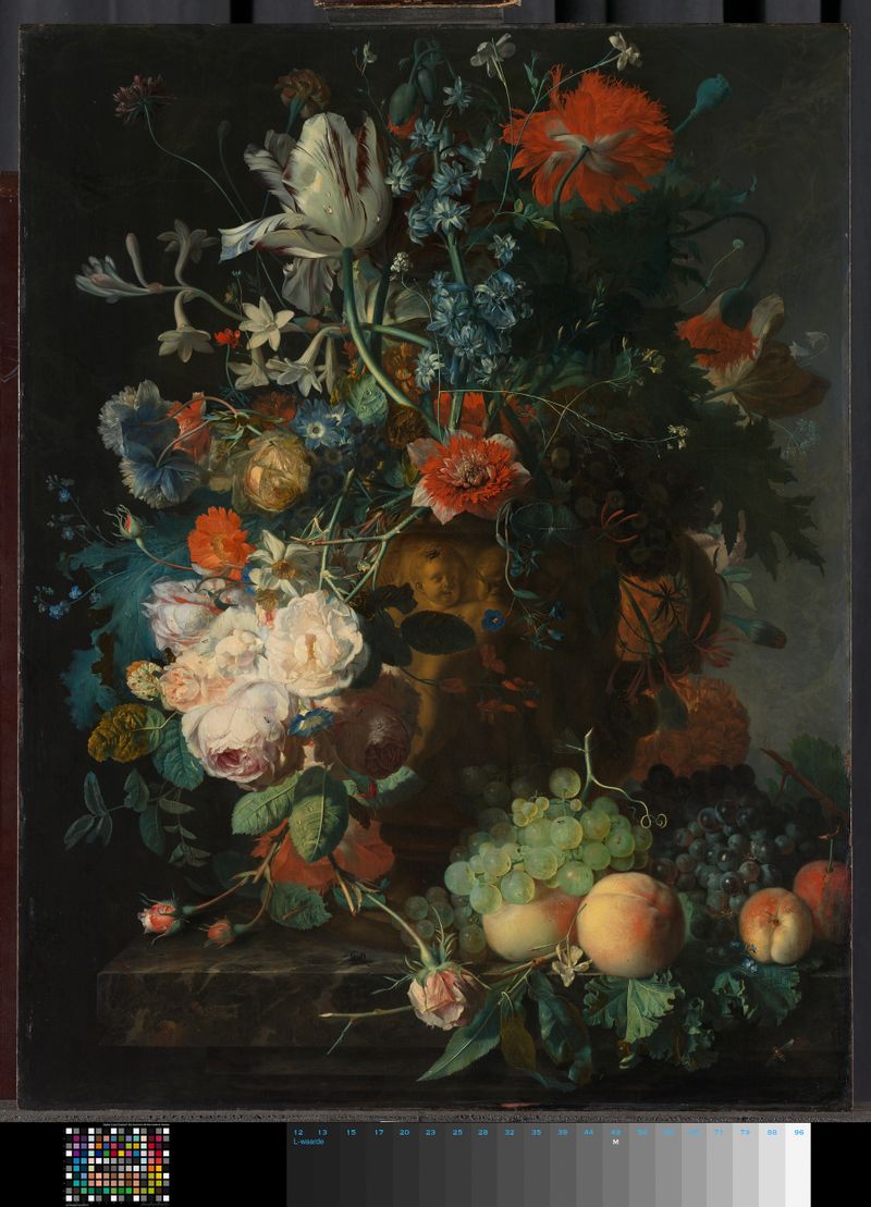 Still Life with Flowers and Fruit by Jan van Huysum, oil on panel, featuring various flowers and fruit
