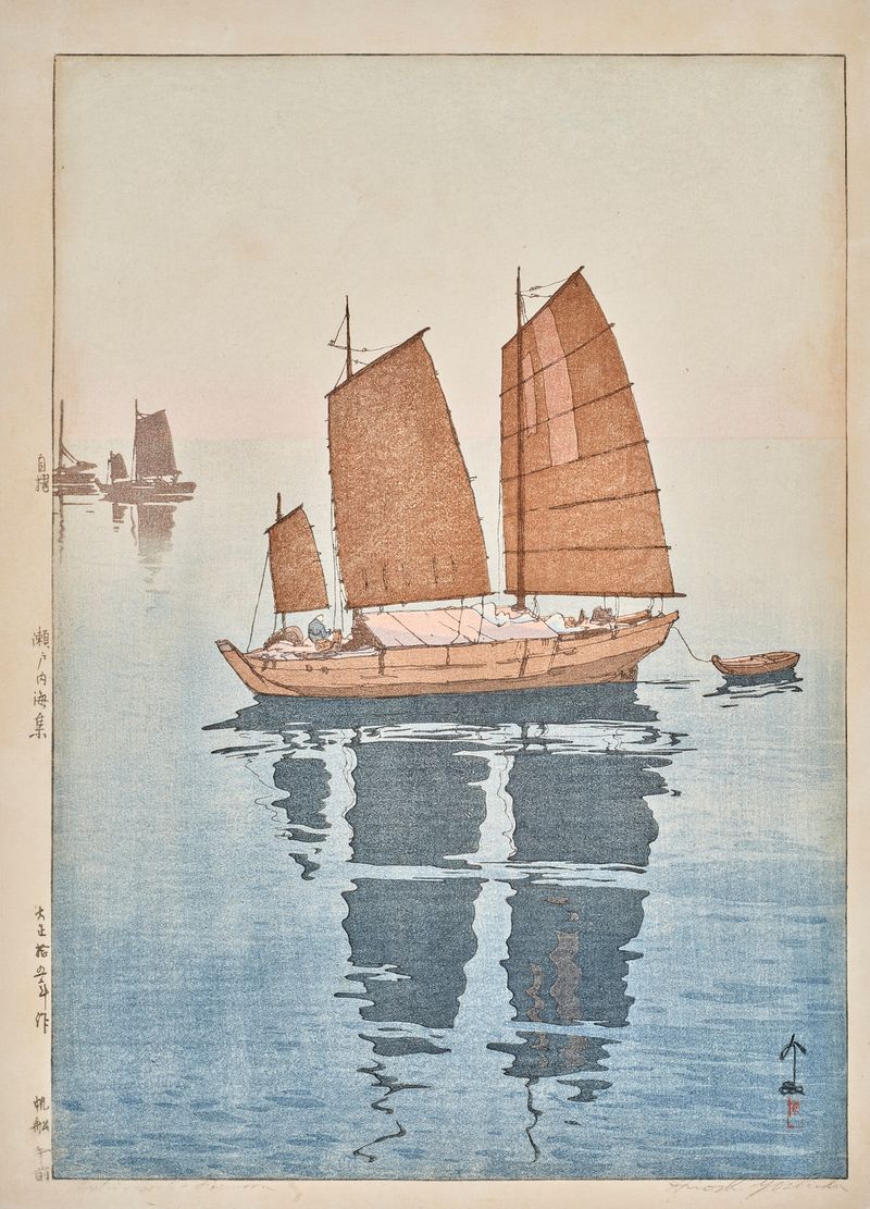 Barcos à vela na brisa da manhã, impressão em madeira de Yoshida Hiroshi