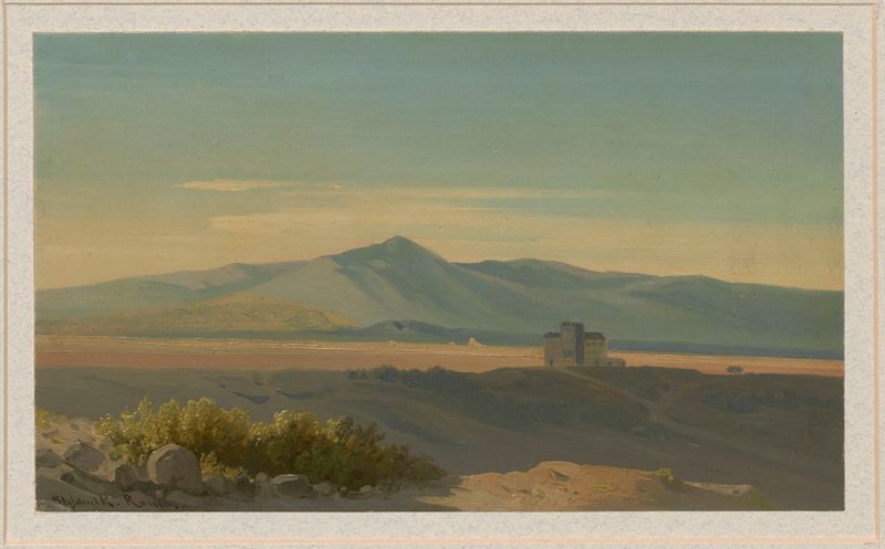 Landscape in Campania de Arthur Blaschnik, pintura al óleo que presenta colinas onduladas y luz dorada.