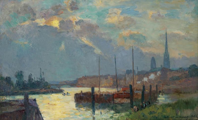 Le Port Et La Cathédrale De Rouen, óleo sobre lienzo de Albert Lebourg, presenta un puerto y una catedral.