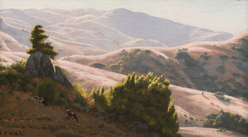 Cattle Grazing in Sunlit Hills de Ludmilla Pilat Welch, impressionismo