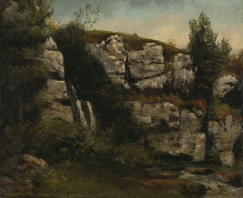 Paisagem com Falésias Rochosas e uma Cachoeira de Gustave Courbet, pintura a óleo que retrata uma cachoeira e falésias.