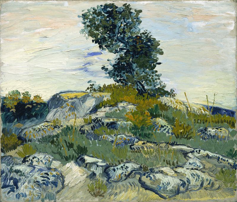 Paisaje con rocas y cielos en espiral, pintura al óleo de Vincent van Gogh