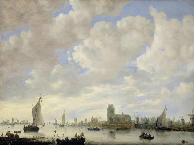 View of the Merwede off Dordrecht by Jeronymus van Diest II, oil painting of a serene river landscape.