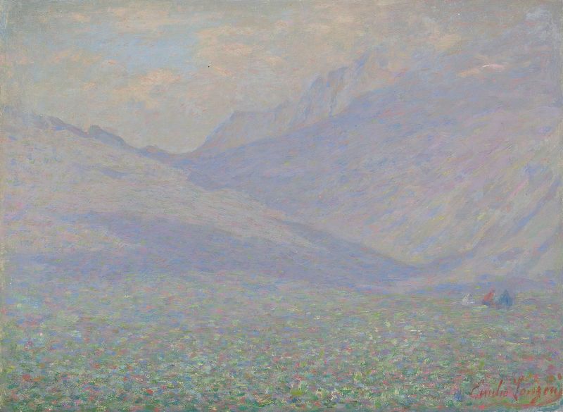 Landscape In Valtellina de Emilio Longoni, que muestra colinas y montañas en un atardecer brumoso.