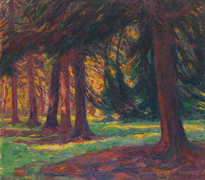 Autumn landscape with sunlight filtering through trees, oil painting by Georg Burmester