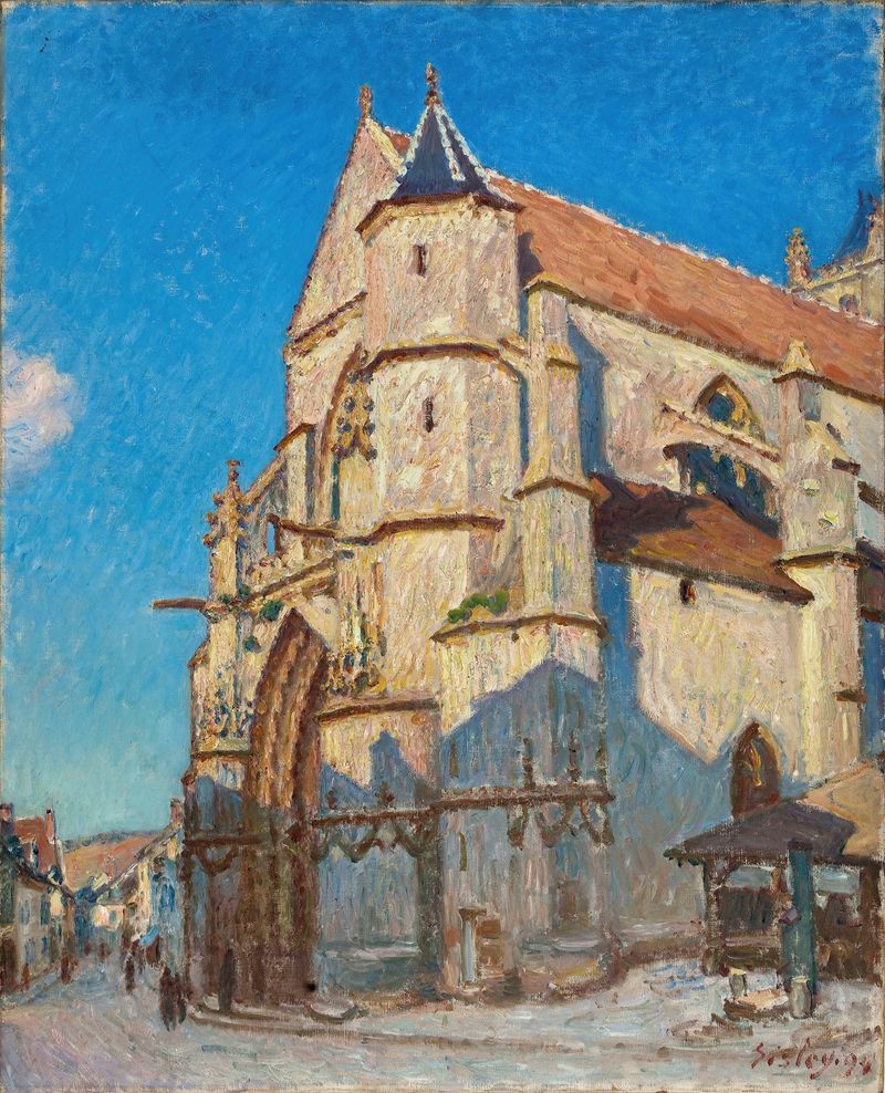 L’Eglise de Moret óleo de Alfred Sisley que muestra la silueta de una iglesia al atardecer.