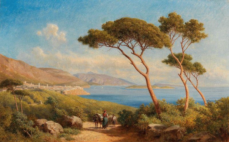 A Neapolitan landscape de Gottfried Seelos, pintura al óleo que muestra colinas y un pueblo bajo un cielo brillante.