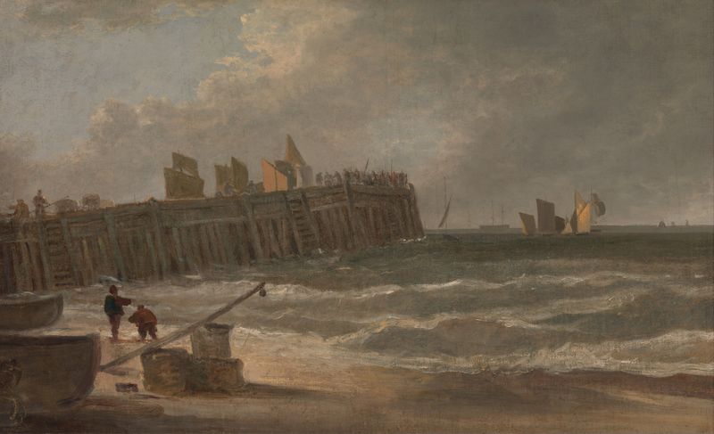 Yarmouth Pier by John Crome, depicting fishermen preparing nets by the sea, oil painting