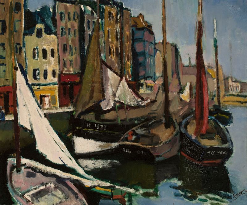Port by Bronisław Abramowicz, oil painting depicting a serene marine landscape with soft colors.
