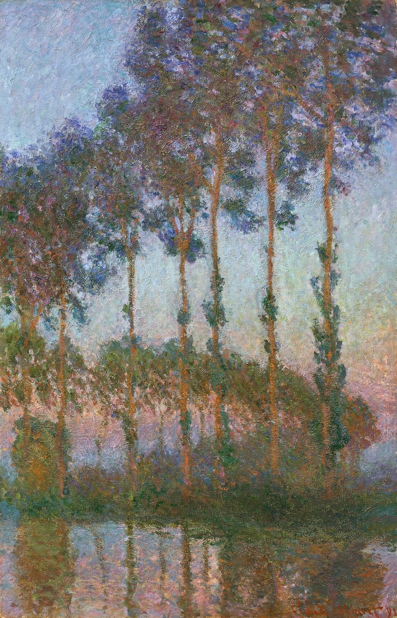 Peupliers au bord de l’Epte, crépuscule de Claude Monet, óleo sobre tela, retratando choupos ao pôr do sol