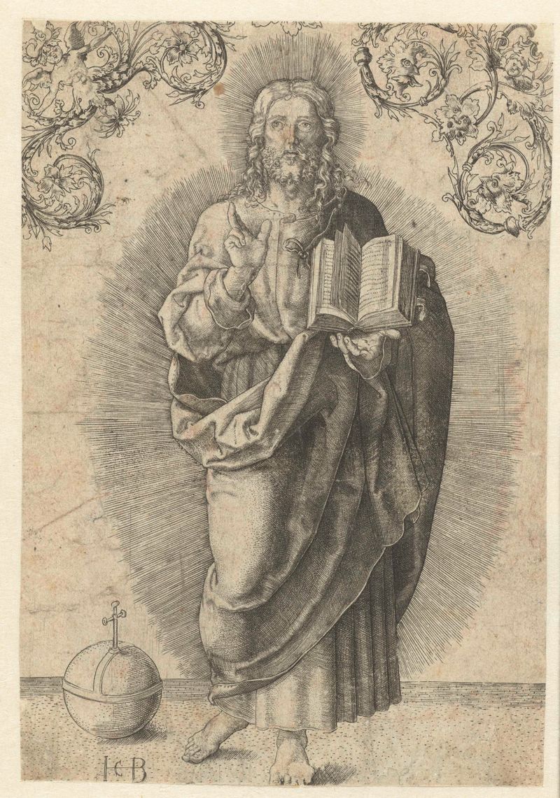 Gravura religiosa de Jacob Binck retratando Cristo em roupas ornamentadas