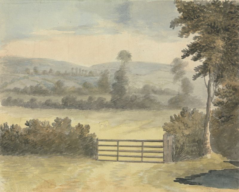 Landscape with Pasture Gate, oil on canvas by Edward Francis Burney, featuring a rustic gate and vibrant meadow.