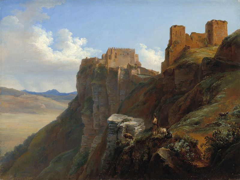 Landscape depicting Castello di San Giuliano in Sicily by Louise-Joséphine Sarazin de Belmont, oil painting