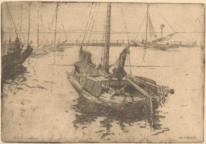 Marine scene with boats in the harbor, oil on canvas by Willem Adrianus Grondhout