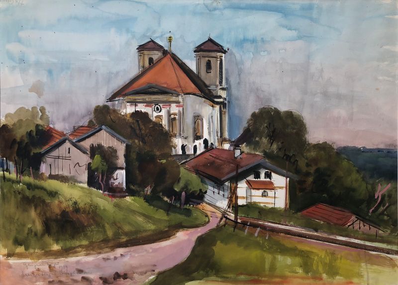 Wallfahrtskirche Marienberg bei Burghausen de Otto Geigenberger, representando una iglesia en un paisaje, medio desconocido.