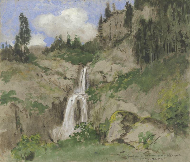 Landschaft mit Wasserfall de Hans Thoma, óleo sobre tela que retrata uma paisagem serena com uma cascata.