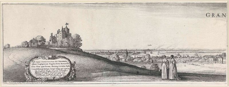 Grabado de Wenceslaus Hollar que representa Greenwich con el Támesis y arquitectura.