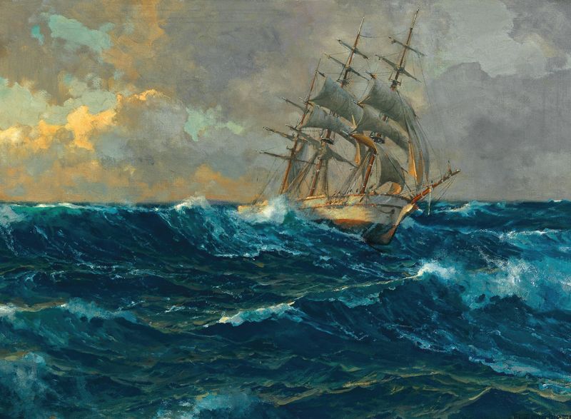 Dreimaster auf hoher See by Michael Zeno Diemer, oil on canvas depicting a ship amidst stormy waves