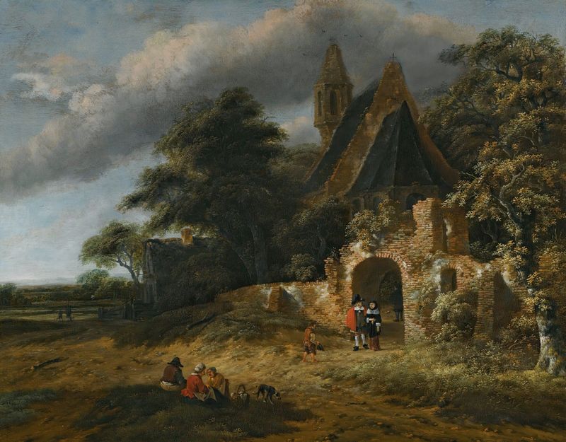 A Landscape With Figures Outside The Walls Of A Ruined Church by Salomon Rombouts, oil painting