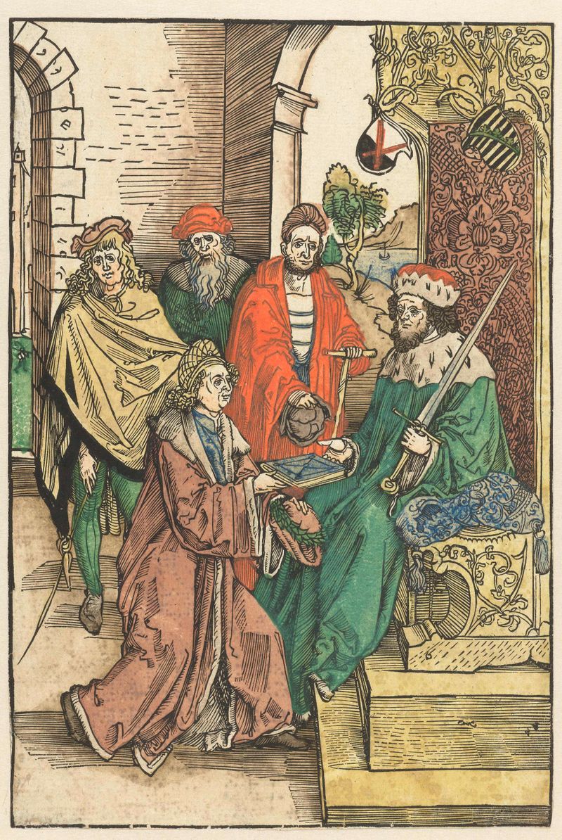 Pintura al óleo de Albrecht Dürer que muestra a Conrad Celtis presentando un libro a Federico III.