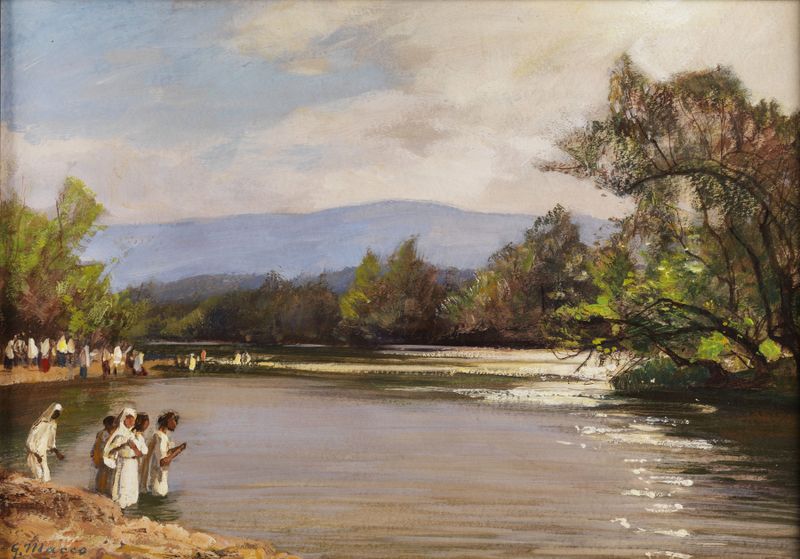 Escena religiosa con figuras junto al río Jordán, pintura al óleo de Georg Macco