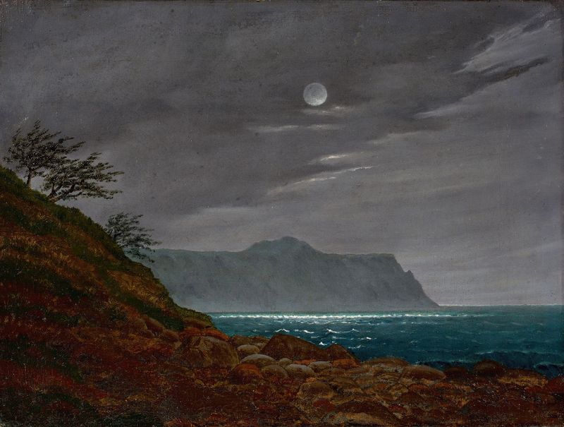Moonlight night on Rügen, oil on canvas by Johann Friedrich Boeck, depicting a serene landscape with water and rocks.