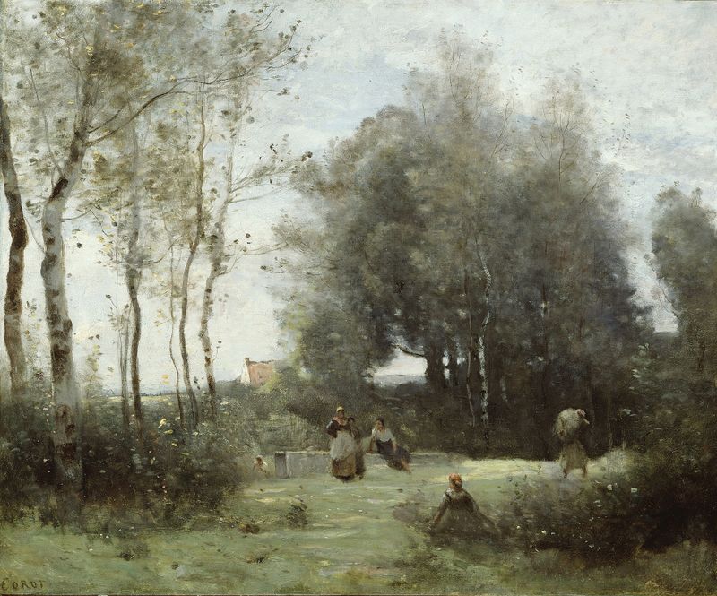 Arleux-Palluel, A Ponte dos Encontros de Jean-Baptiste-Camille Corot, óleo sobre tela que retrata uma ponte tranquila sobr...