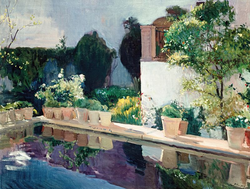 Pintura al óleo de Joaquín Sorolla que muestra un estanque tranquilo rodeado de un jardín real