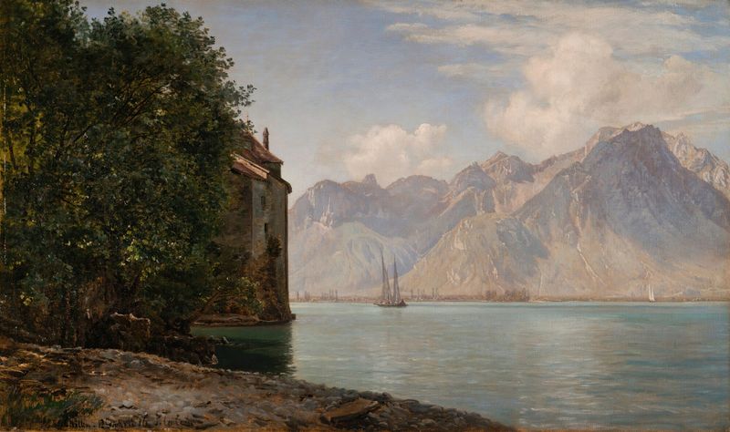 Château De Chillon, Lake Geneva by Janus la Cour, oil painting depicting a castle by the lake