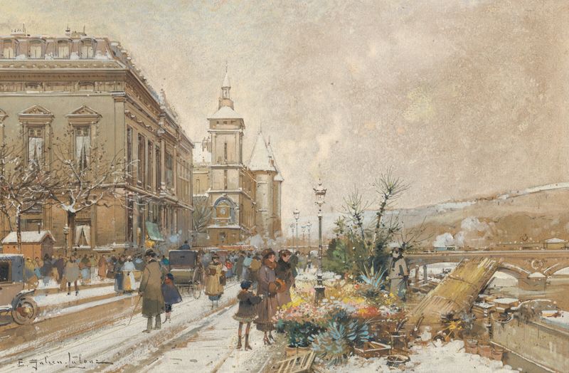 Le Marché aux fleurs, óleo sobre lienzo de Eugène Galien-Laloue, que representa un vibrante mercado de flores