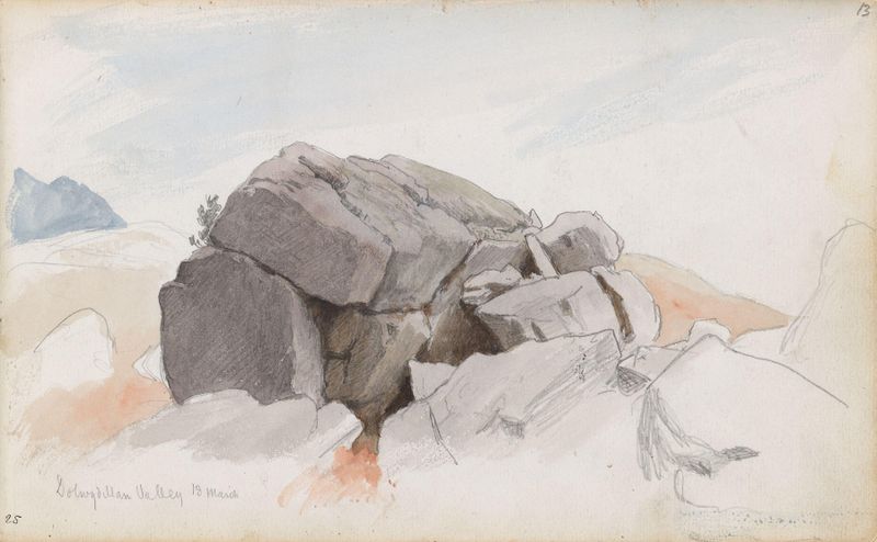 Dolwydellan Valley de Hans Gude, óleo sobre tela que retrata uma paisagem exuberante com montanhas e vegetação.
