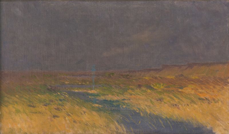 Landscape before Evening by Ferdinand Katona, oil on canvas depicting a tranquil sunset.