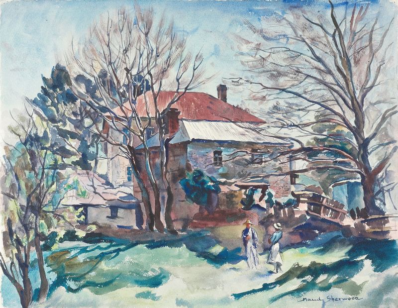 Bare trees against a stormy sky, oil painting by Maud Sherwood