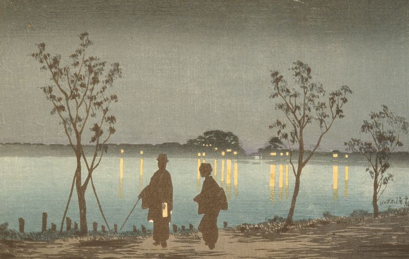 Ukiyo-e de Kobayashi Kiyochika que representa un río por la noche bajo la luz de la luna