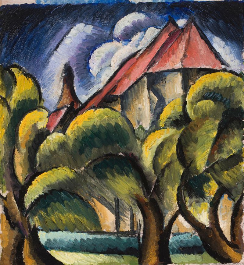 Landscape with a Church by Wacław Wąsowicz, oil painting depicting a solitary church in a tranquil landscape.