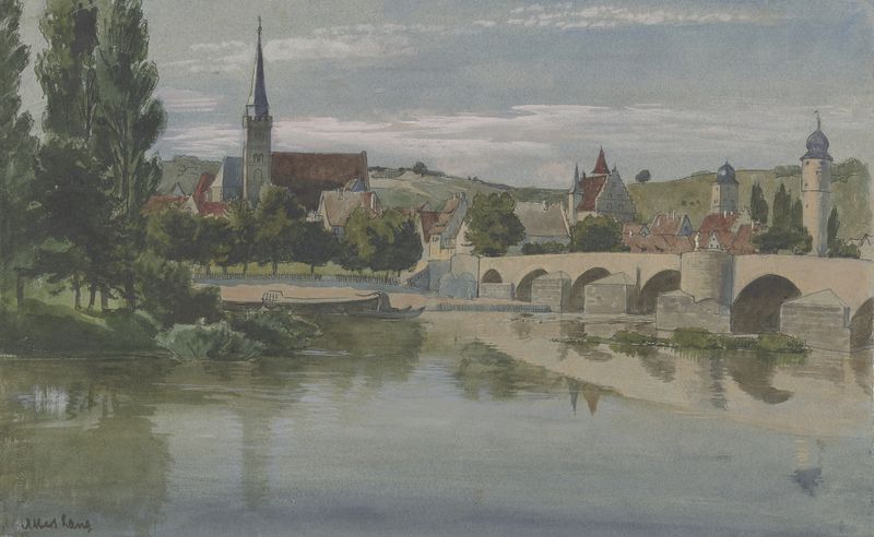 Landscape depicting a serene river and village, oil on canvas by Albert Lang