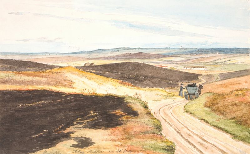 Landscape by Martinus Rørbye, oil painting depicting green hills and nature.