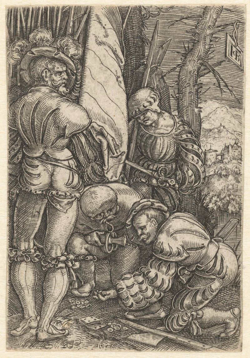 Grabado de Jacob Binck que muestra soldados jugando a los dados en un interior.