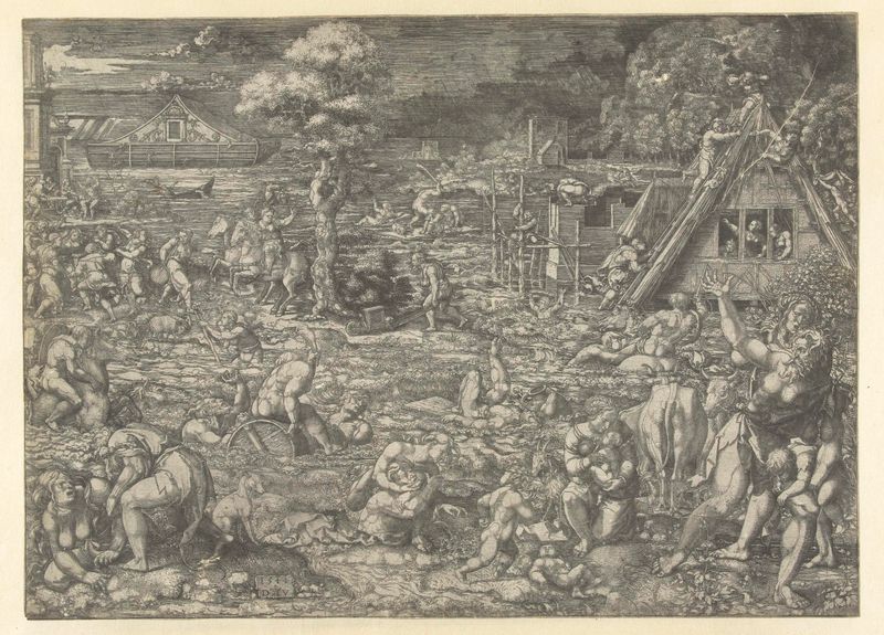De zondvloed etching by Dirck Vellert showing a flood with flora and swirling waters.