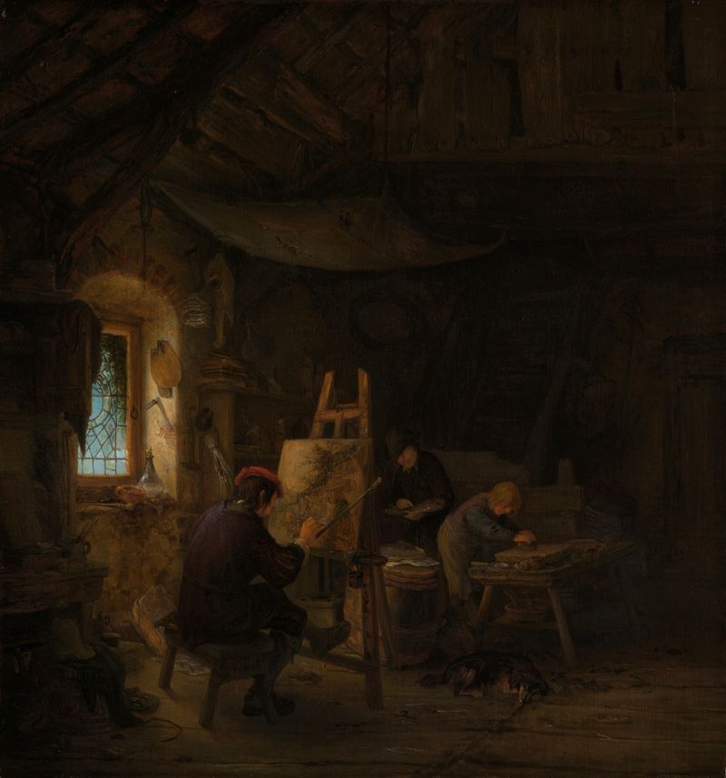 Interior de un estudio de pintor con aprendices, óleo sobre panel de Adriaen van Ostade