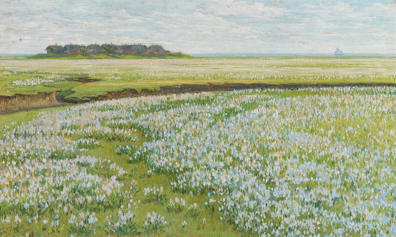 A Vast Summer Landscape de Jacob Alberts, óleo sobre tela que retrata um horizonte quente e uma brisa suave.