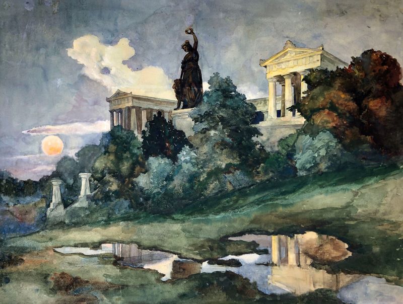 Sunset landscape with Ruhmeshalle silhouette, oil on canvas by Otto Geigenberger